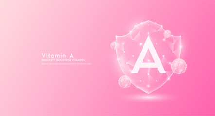 Vitamin A shield polygonal translucent pink. Immunity boosting vitamins. Medical innovation protect your body healthy. Shield low poly triangle modern futuristic protection. Banner vector.