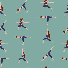 Seamless pattern with woman exercising yoga. Vector illustration in flat cartoon style, concept illustration for healthy lifestyle, sport, exercising.