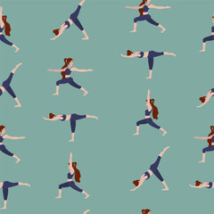 Seamless pattern with woman exercising yoga. Vector illustration in flat cartoon style, concept illustration for healthy lifestyle, sport, exercising.