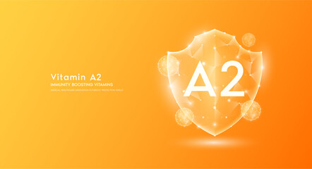 Vitamin A2 shield polygonal translucent orange. Immunity boosting vitamins. Medical innovation protect your body healthy. Shield low poly triangle modern futuristic protection. Banner vector.