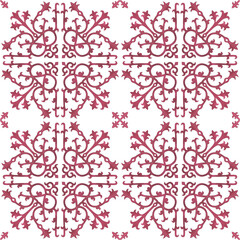 Magenta color, seamless pattern with floral ornament in gothic style. Vintage fashion fabric design with red flowers. Watercolor hand painting illustration on isolate white background.