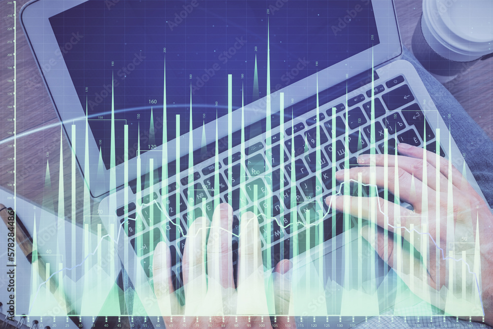 Poster Double exposure of man's hands typing over computer keyboard and forex graph hologram drawing. Top view. Financial markets concept.