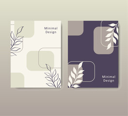 Set of abstract backgrounds with drawn leaves, rectangles with space for text. Template for posters, invitations, banners, social media stories and posts in a minimalist style. Vector illustration.