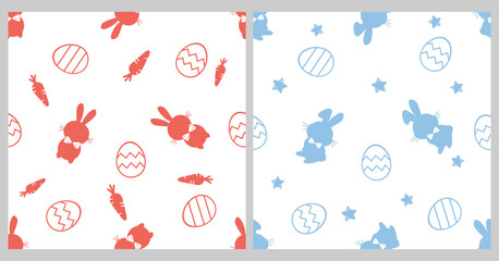 Fototapeta na wymiar Seamless pattern with bunny rabbit cartoons, carrot, Easter eggs and stars vector illustration.