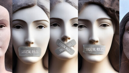 Societal rules and silenced women. They are symbolic of the countless others who has been silenced simply because of their gender. Societal rules that seek to suppress women's voices.,3d illustration