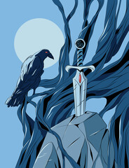 Vector illustration of raven and sword in stone. Middle ages, knights, night.