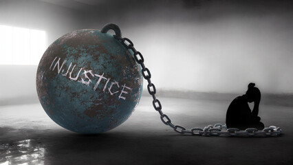 Injustice against a woman. Trapped in a hate prison, chained to a burden of Injustice. Alone in pain and suffering.,3d illustration