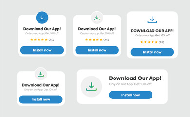 Download the app now. Install or Download the app now labels. Install our app sticker or label call to action. Ui element. Get discount only on our application. 10% discount. Marketing Ad label. Icon.