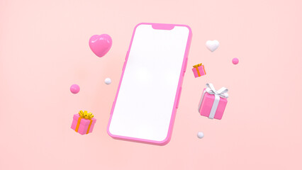 Mobile phone mockup with empty white screen and flying gifts on pink background. 3d rendering.