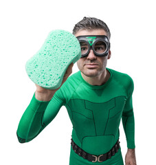 Green superhero cleaning with a sponge