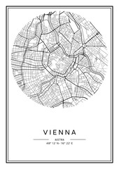 Black and white printable Vienna city map, poster design, vector illistration.