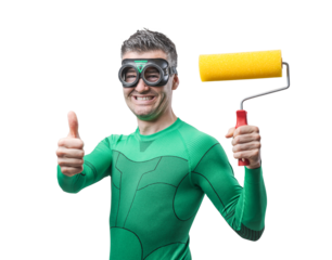 Funny superhero with painting roller thumbs up