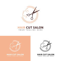 Obraz premium Woman hair cutting salon logo design template. Beautiful hairstyle sign.