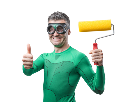 Funny superhero with painting roller thumbs up