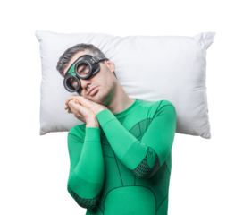 Superhero sleeping on a pillow floating in the air