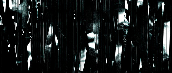 An abstract vertical ribbon curtain banner with glitches in monochrome