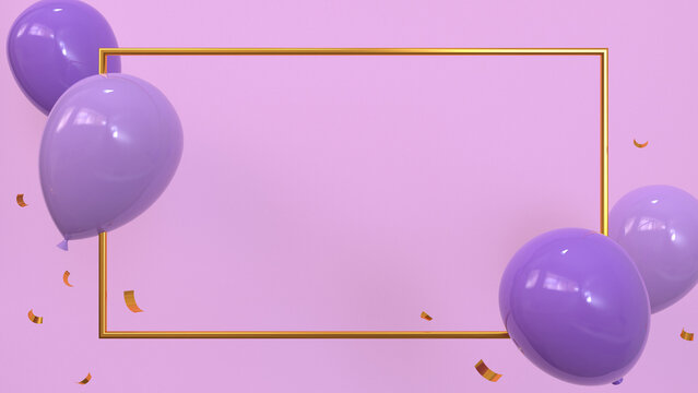 Golden frame on a purple background with balloons in the corners, decorated with confetti. Festive banner and poster. 3D rendering.