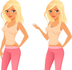 cute cartoon character of a beautiful blonde woman in fitness clothing, a beige tank top and pink leggings, ready for workout in the gym. Healthy lifestyle or sport concept.