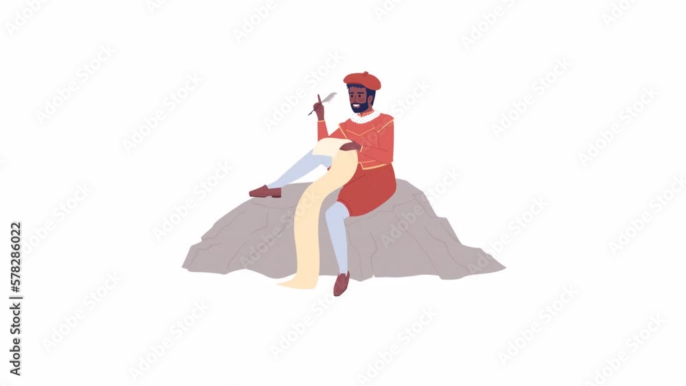 Poster animated old time man with scroll. royal medieval poet writing on parchment. flat character animatio