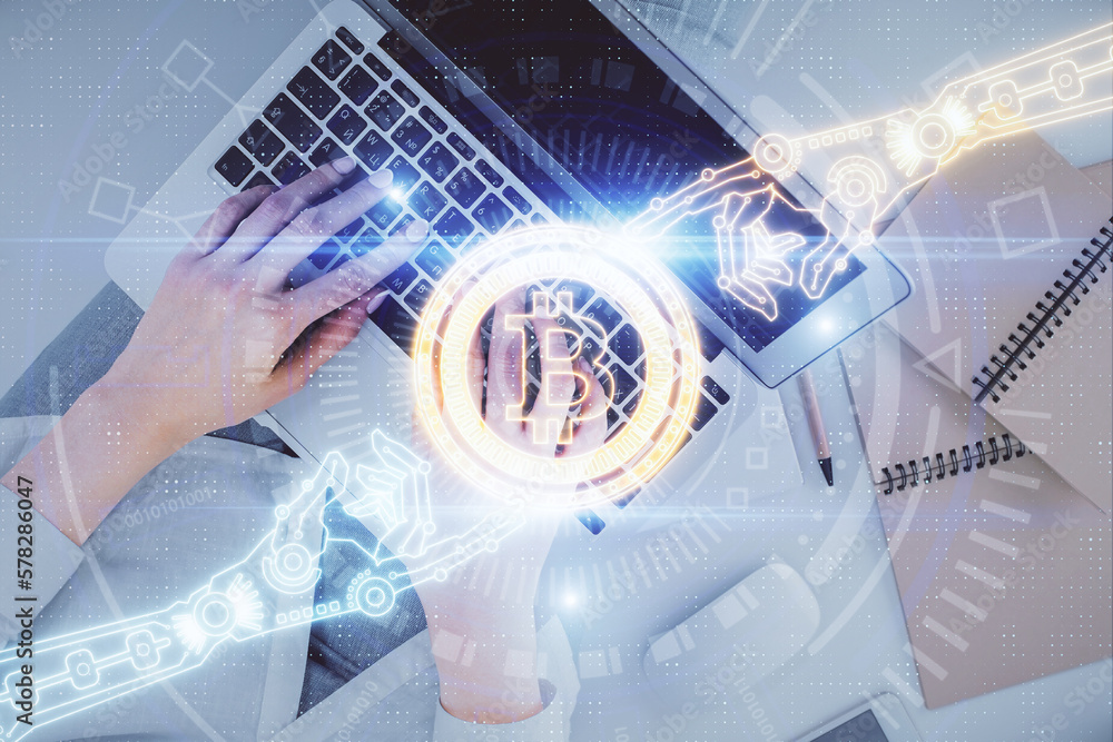 Poster Double exposure of woman hands working on computer and blockchain theme hologram drawing. Top View. bitcoin cryptocurrency concept.