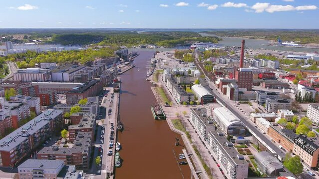 Turku, Finland: Aerial view of Nordic city in spring - landscape panorama of Northern Europe from above