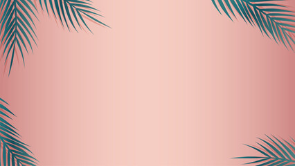 Fototapeta na wymiar Exotic tropical summer pink background with palm leaves. Botanical warm pastel wall design with foliage frame and copy space.