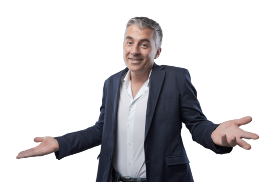 Careless confused man smiling and shrugging