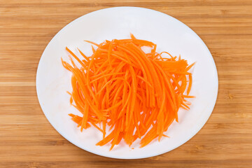 Fresh carrots chopped into thin long slices on white dish