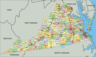 Virginia - Highly detailed editable political map with labeling.
