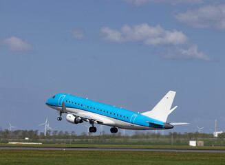 Passenger plane taking off from the runway, Schiphol, Amsterdam, The Netherlands