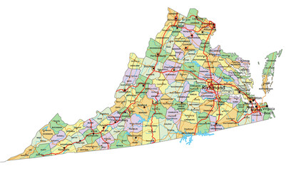Virginia - Highly detailed editable political map with labeling.