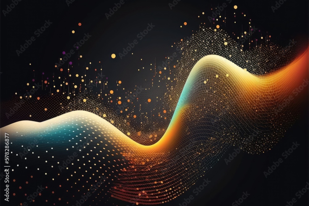 Poster abstract techno shiny waves with moving lines and shining particles. design element with glowing eff