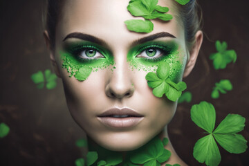 Saint patricks day greeting with pretty woman with shamrock on face,ganerative ai.
