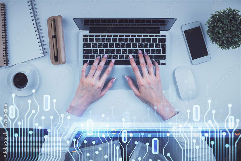 Poster Double exposure of woman hands working on computer and data theme hologram drawing. Top View. Technology concept.