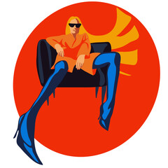 Stylish fashionable woman with developing hair. A strict business lady sitting on a chair. A bright, juicy modern woman in stylish clothes with elongated body parts. Inverted perspective