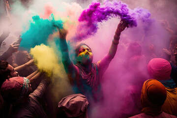 Crowd throwing bright coloured powder paint in the air, Holi Festival,generative ai.