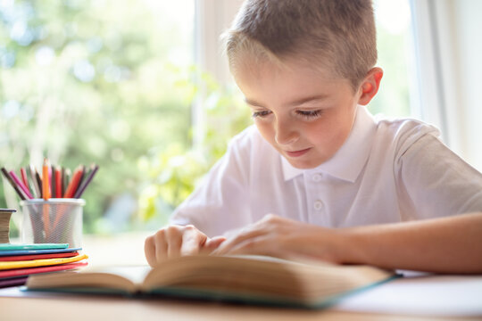 Boy reading a book doing his school work or homework