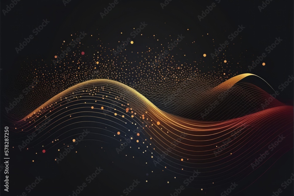 Poster abstract techno shiny waves with moving lines and shining particles. design element with glowing eff