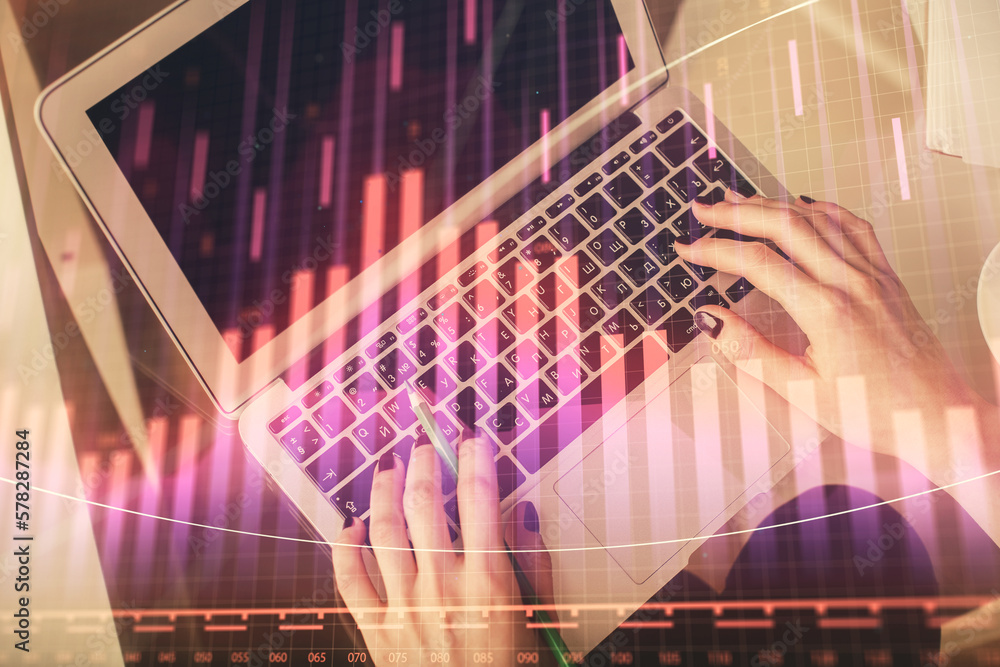 Poster double exposure of woman hands working on computer and forex chart hologram drawing. top view. finan