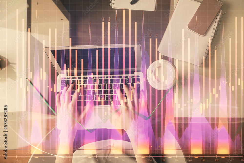 Poster double exposure of woman hands working on computer and forex chart hologram drawing. top view. finan