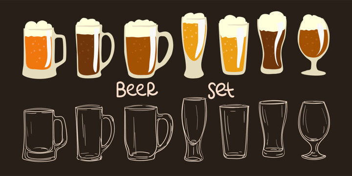 A set of beer glasses, mugs. Graphics and color. Color vintage vector engraving for the internet, poster, party invitation. A hand-drawn design element isolated against a dark background.