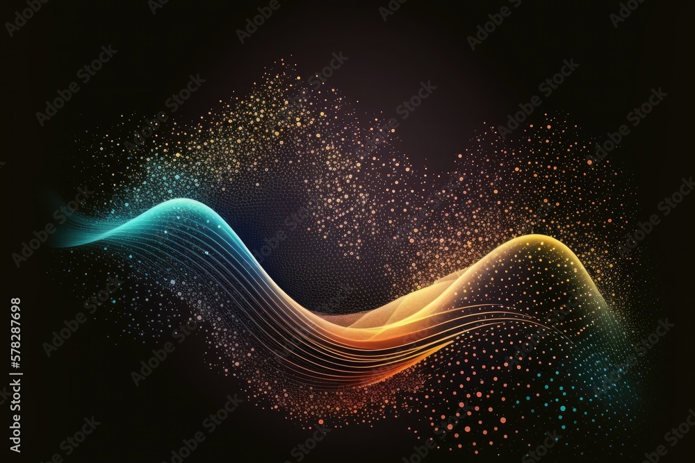 Poster abstract techno shiny waves with moving lines and shining particles. design element with glowing eff