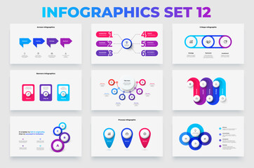 Set of the infographic elements. Banners, arrows, timelines and flowchart with 3, 4, 5 and 6 options