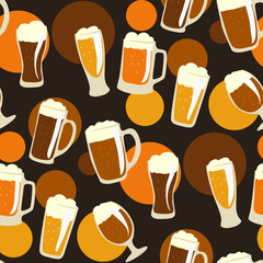 A pattern of beer glasses, mugs with beer varieties. Graphics on a dark background. Vintage vector illustration for poster printing, party invitations. Glass mugs with beer poured into them. Circles