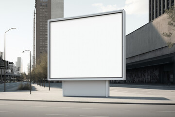 Fototapeta premium Blank white advertising display billboard in a city street. Promotional poster mock up. Generative ai