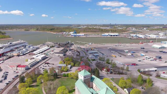 Turku, Finland: Aerial view of Nordic city in spring, Turku Castle (Turun linna) - landscape panorama of Northern Europe from above