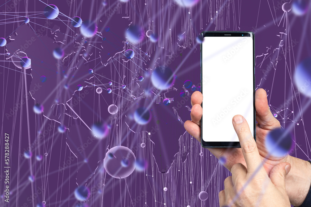 Poster phone is in hands of person. smart phone with white screen. concept of artificial intelligence in ap