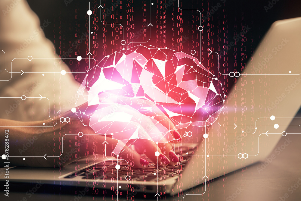 Poster multi exposure of woman hands working on computer and human brain hologram drawing. ai tech concept.