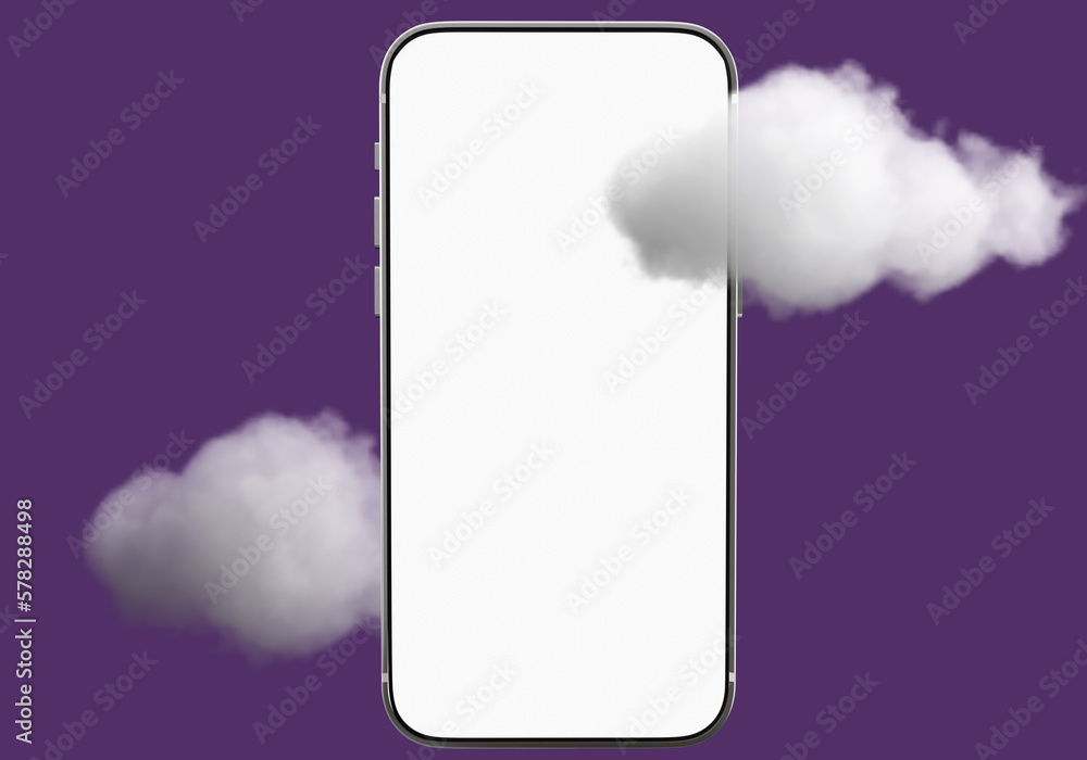 Poster mock up phone. smartphone on purple. clouds near mobile phone. concept of cloud technologies in smar