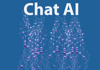 Chat ai. Artificial intellect. Chatting with neural network. Chat AI logo on blue. Chat with integrated neural network. Online bot with AI technology. Enforcement of artificial intelligence. 3d image